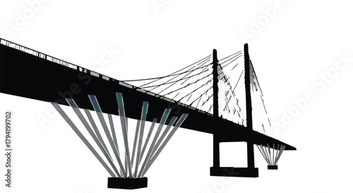 Modern suspension bridge structure against a stark white background, showcasing architectural design.