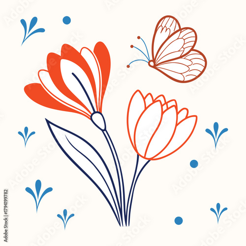 Crocus (Crocus) with flying butterfly, balanced vector composition, delicate lines, pastel background, aesthetic art style, high quality vector, smooth edges