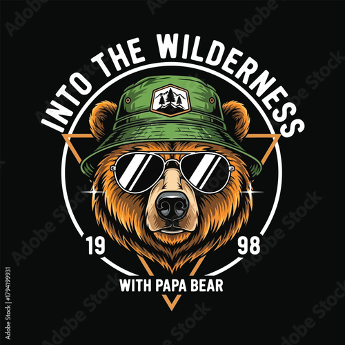 Cool bear wearing sunglasses and bucket hat ready for adventure