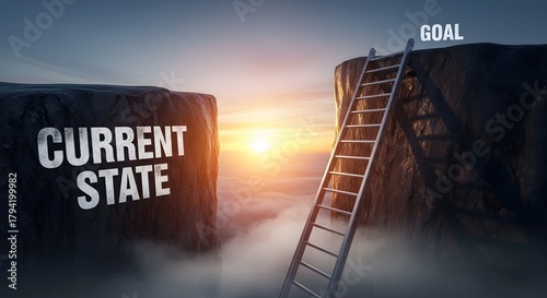 Ladder bridging a chasm from current state to goal with sunrise