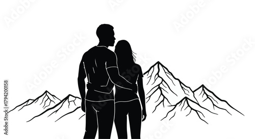 Couple embracing and looking at majestic mountain peaks in silhouette, symbolizing togetherness and adventure.