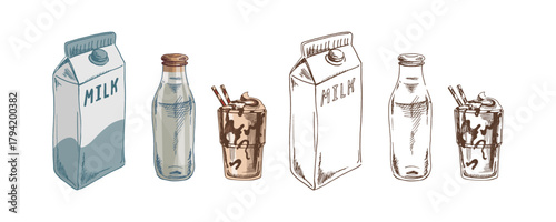Hand drawn vintage sketch of milk carton, glass bottle and chocolate milkshake in soft pastel colored style
