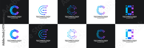 Set of initial letter C technology circuit connection digital data network logo design inspiration.