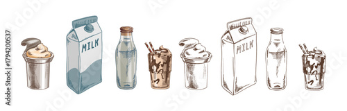 Hand drawn vintage sketch of milk carton, glass bottle, soft cream cup and chocolate shake in pastel style