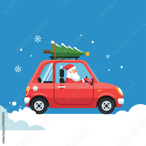 Santa driving small red car through snow, flat vector style