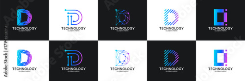 Set of initial letter D technology circuit connection digital data network logo design inspiration.