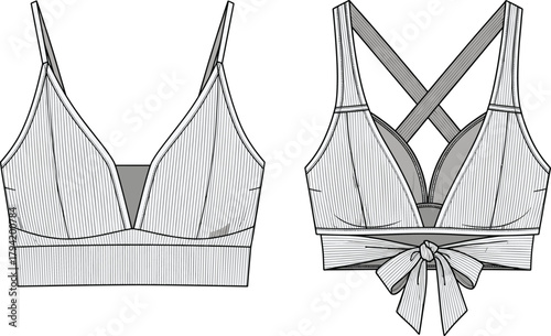 Women’s cross back bralette vector fashion flat, wrap tie lingerie top design, stylish elastic strap bra illustration, front and back technical sketch 