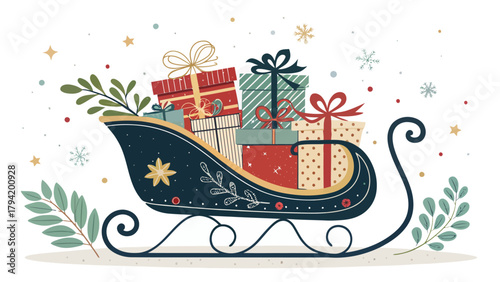 Delightful Christmas Sleigh Overflowing with Beautifully Wrapped Gifts, Ready to Deliver Holiday Cheer and Festive Joy, Perfect for Seasonal Greetings