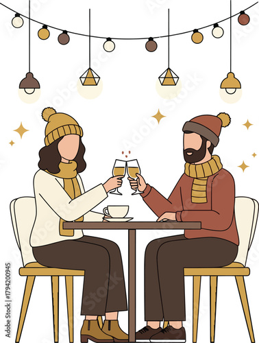 Couple toasting with wine in cozy winter cafe under string lights for romantic evening