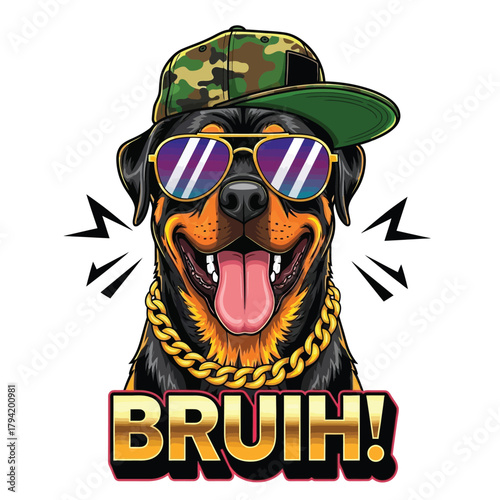 Cool rottweiler dog wearing sunglasses and gold chain