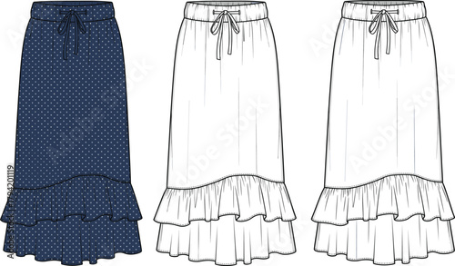 Women’s flounce ruffle skirt vector illustration, polka dot fashion design template, stylish midi skirt with waistband drawstring, technical flat apparel drawing for fashion