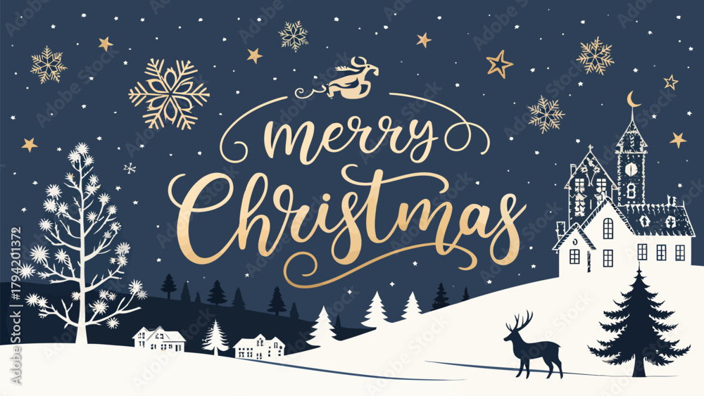Naklejka premium Enchanting Merry Christmas scene with elegant lettering, stars, snowflakes, deer, and cozy houses evokes holiday magic and festive cheer for joyful celebrations