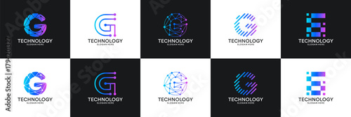 Set of initial letter G technology circuit connection digital data network logo design inspiration.