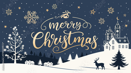 Enchanting Merry Christmas scene with elegant lettering, stars, snowflakes, deer, and cozy houses evokes holiday magic and festive cheer for joyful celebrations