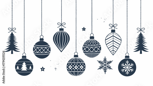Festive holiday season with elegant Christmas ornaments and trees hanging, perfect for invitations, cards, and winter designs with a clean, stylish touch