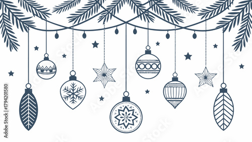 Elegant festive holiday ornaments hanging from pine branches for a cozy winter season, perfect for Christmas and New Year's greetings, and seasonal promotions