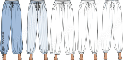 Women’s jogger pants technical flat sketch, elastic cuff drawstring trousers, front and back views, comfortable loungewear fashion design, vector apparel illustration, white background