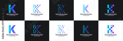 Set of initial letter K technology circuit connection digital data network logo design inspiration.