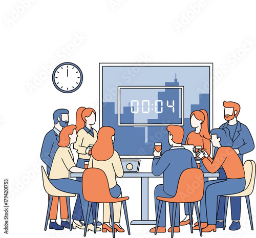 Team gathered around table with countdown timer for last minute meeting or deadline rush