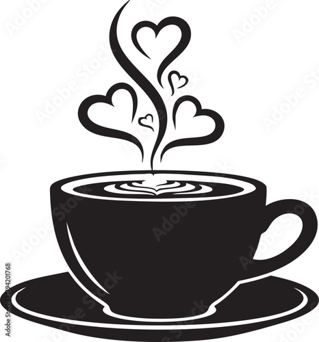 Minimalist black coffee cup silhouette with heart steam rising graphic design isolated on transparent background