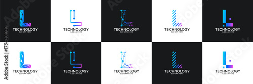 Set of initial letter L technology circuit connection digital data network logo design inspiration.