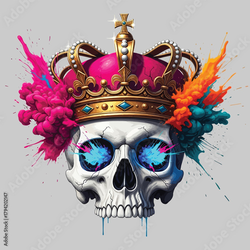 Skull crowned with vibrant explosions and electric blue eyes
