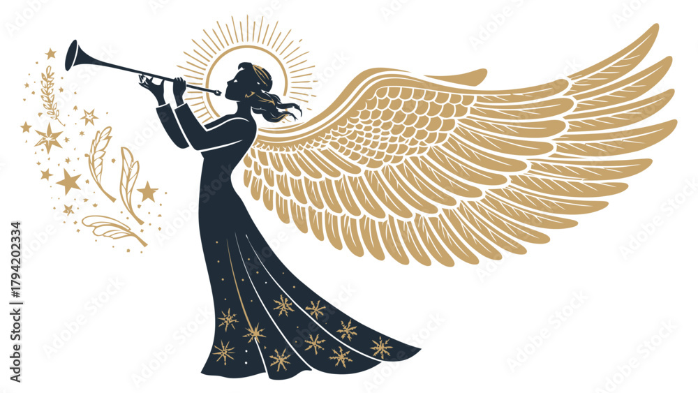 Fototapeta premium Elegant angel with trumpet blowing festive blessings, herald of good tidings, spreading joy and magic with celestial wings, a symbol of hope and peace