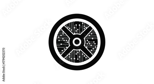Futuristic circular emblem with intricate digital circuitry and glowing nodes, symbolizing technology and innovation.