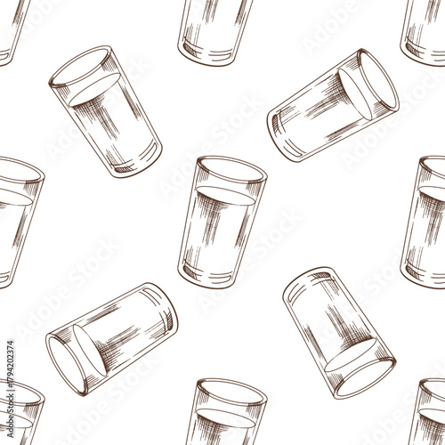 Hand drawn vintage seamless pattern of milk drink in clear glass with monochrome brown sketch lines and rustic style