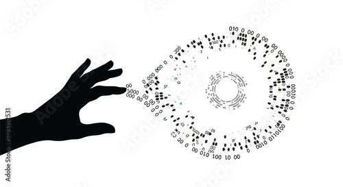 Hand reaching out to touch swirling digital data stream, representing information flow