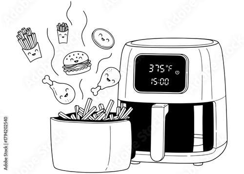  Air fryer cooking french fries. Cute kawaii food characters like burgers and chicken drumsticks. Black and white line art vector illustration for healthy cooking.