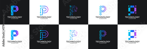 Set of initial letter P technology circuit connection digital data network logo design inspiration.
