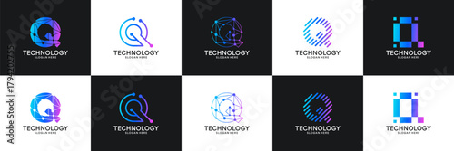 Set of initial letter Q technology circuit connection digital data network logo design inspiration.