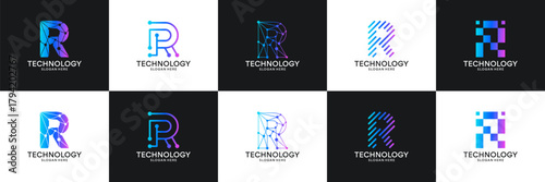 Set of initial letter R technology circuit connection digital data network logo design inspiration.