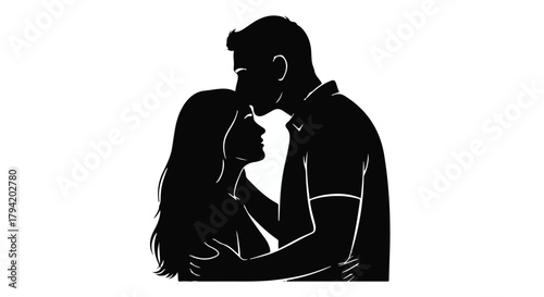 Tender silhouette of a couple embracing with a gentle forehead kiss, symbolizing love and connection.