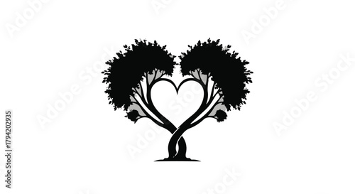 Two trees intertwined, forming a heart shape, symbolizing love and nature's harmony.