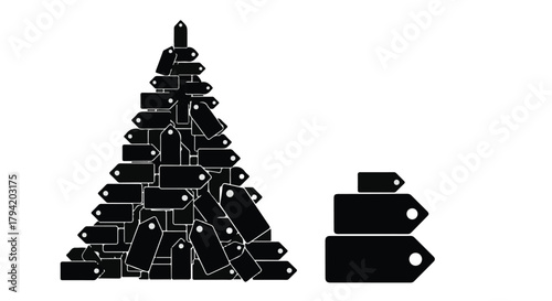 Christmas tree adorned with numerous gift tags, symbolizing holiday shopping and sales.