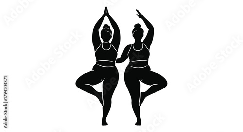 Two women practicing yoga tree pose together, symbolizing balance and friendship