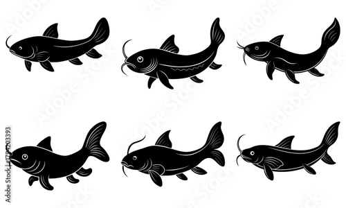 Elegant catfish shoal illustration, perfect for marine biology, fishing or seafood themes, originally a scalable vector graphic, adaptable and clean design