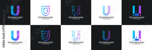 Set of initial letter U technology circuit connection digital data network logo design inspiration.