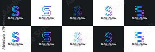 Set of initial letter S technology circuit connection digital data network logo design inspiration.