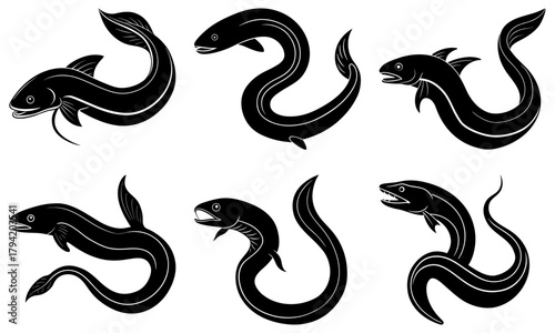 Eel silhouettes in black, a collection of six sleek fish, perfect for aquatic designs, seafood menus, or marine life illustrations originally in vector format