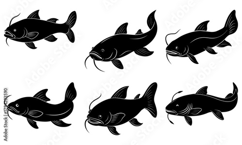 Collection of sleek catfish illustrations swimming gracefully, perfect for seafood menus, fishing guides, or marine biology education materials