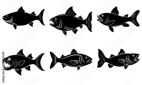 Striking silhouettes of predatory fish swimming, perfect for logos, nautical designs, or wildlife themes with a raw, powerful aesthetic appeal