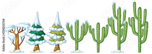 Snow Covered Pine Trees and Cacti Vector Illustration