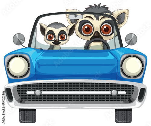 Two Lemurs Driving Blue Convertible Car Front View