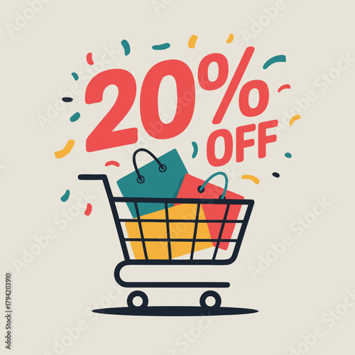 Twenty percent off shopping cart with colorful confetti and gifts