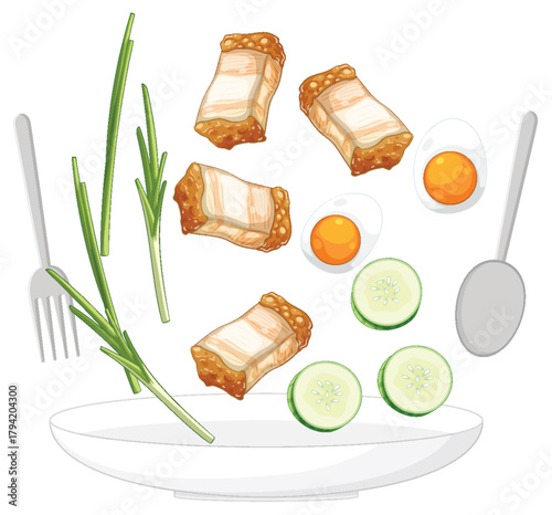 Crispy Pork Belly with Eggs and Fresh Vegetables