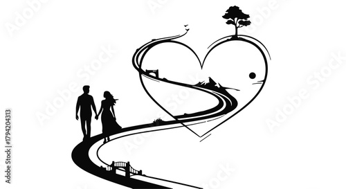 Couple walks hand in hand on a winding path leading into a heart-shaped landscape.