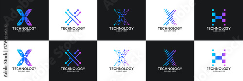 Set of initial letter X technology circuit connection digital data network logo design inspiration.